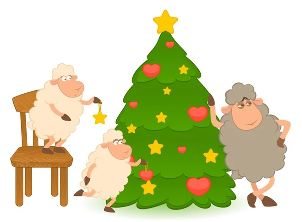 Cartoon funny sheep dresses up a fir-tree. Vector illustration — Stock Vector