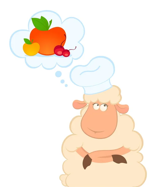 ベクトル漫画の健康的なフルーツについて考えている羊のイラスト — ストックベクタ