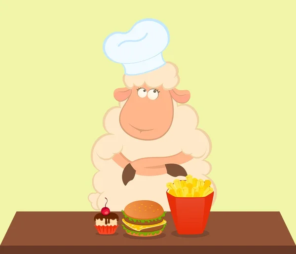 Vector illustration of cartoon sheep thinks about harmful fast food — Stock Vector