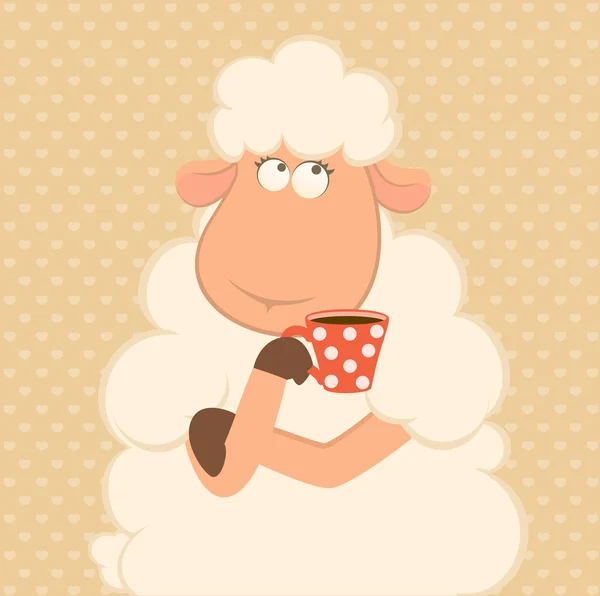 Ilustración de las ovejas de dibujos animados tiene café de una taza — Vector de stock