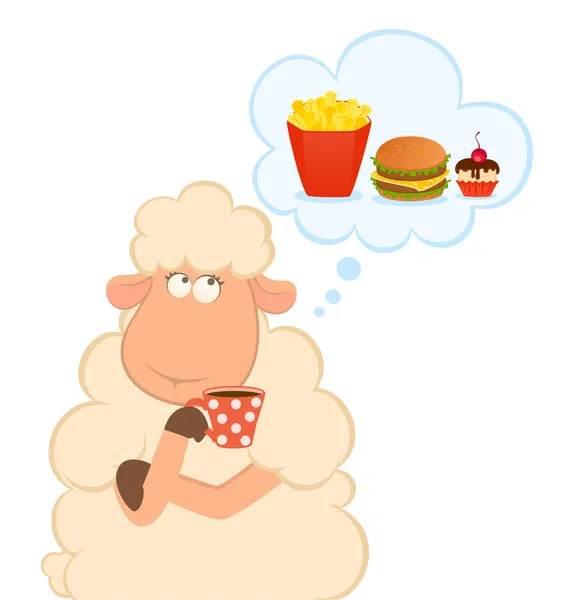 Vector illustration of cartoon sheep has coffee from a cup dream about harm — Stock Vector