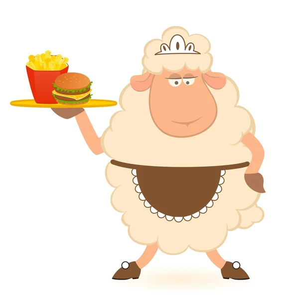 Ilustración vectorial de ovejas de dibujos animados - camarero trae un alimento — Vector de stock