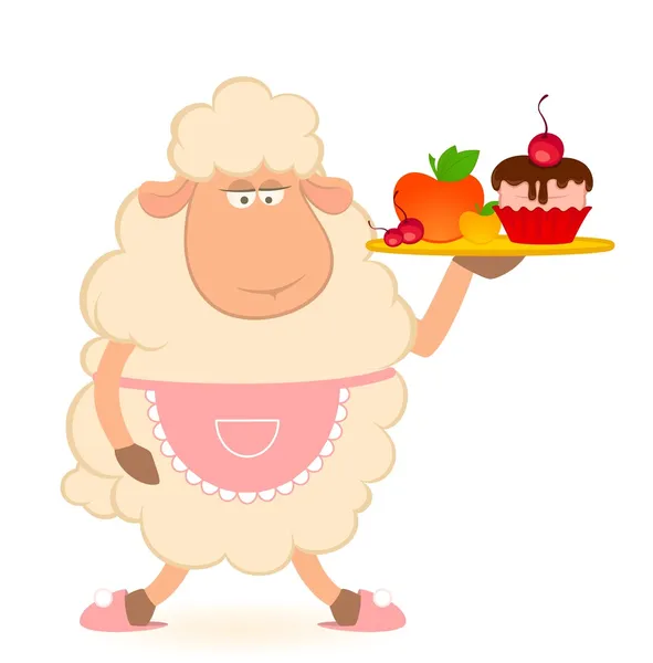 Векторная иллюстрация мультяшных овец - официант приносит еду — стоковый вектор