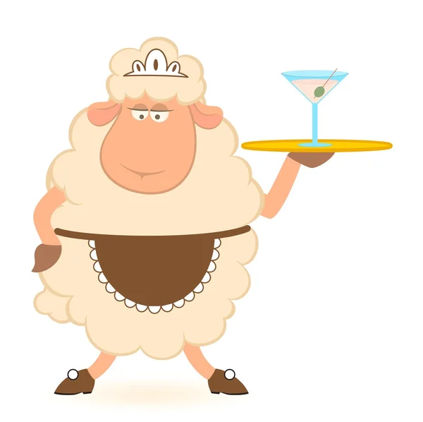 Ilustración de ovejas de dibujos animados - camarero trae un martini — Vector de stock