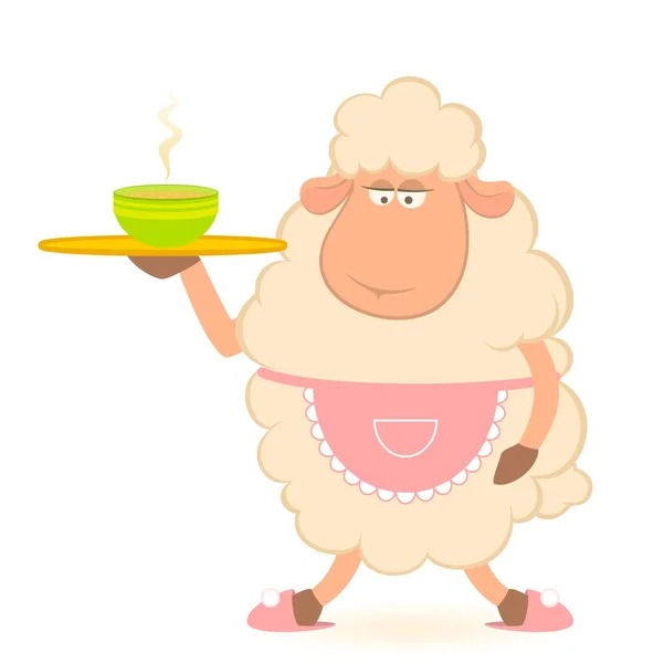 Illustration of cartoon sheep - house-owner brings a delicious soup — Stock Vector