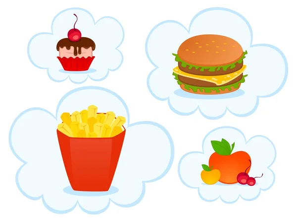 Vector cheeseburger with the pack of french fries, sweet cupcake on white b — Stock Vector