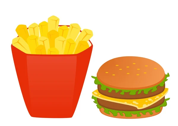Vector cheeseburger with the pack of french fries on white background — Stock Vector