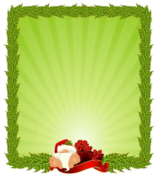 Pequeño y bonito Papá Noel en una gorra roja con un regalo — Vector de stock