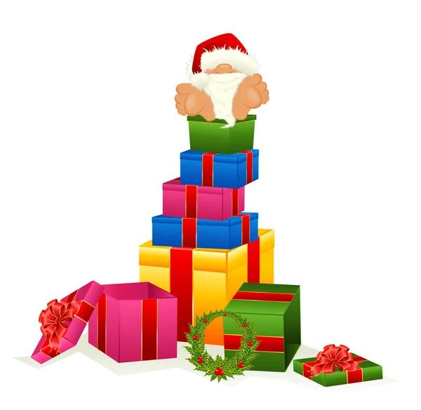 Маленький милый Санта Клаус в красной кепке с подарком — стоковый вектор
