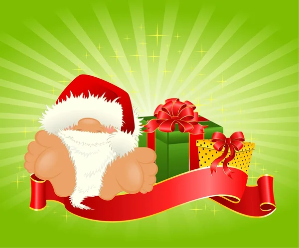 Pequeno bom Papai Noel em um boné vermelho com um presente —  Vetores de Stock