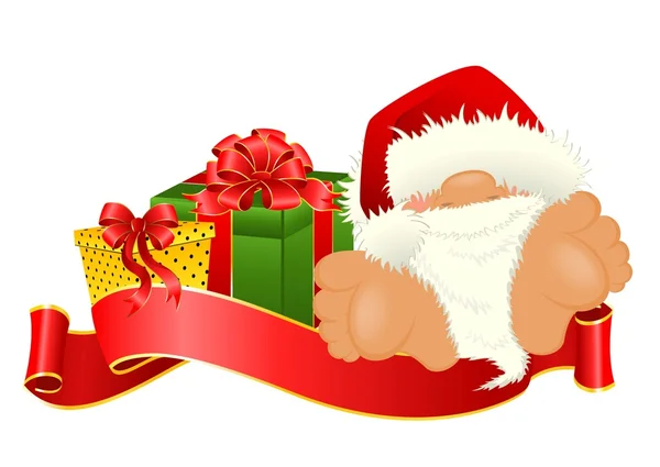 Piccolo bel Babbo Natale in un berretto rosso con un regalo — Vettoriale Stock