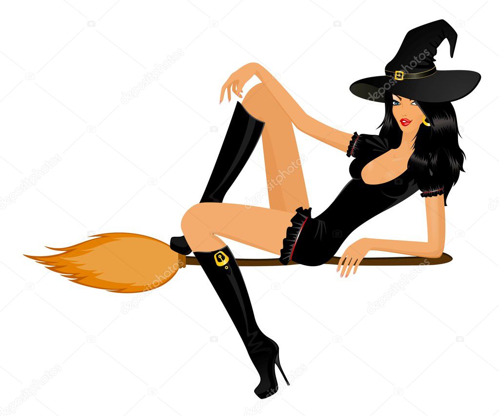 Beautiful sexy witch on a broom
