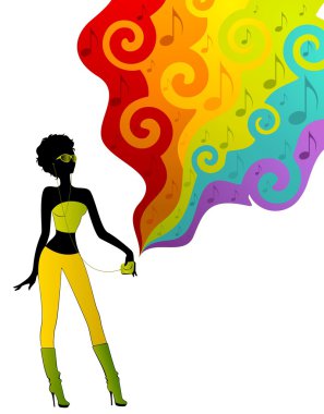 Silhouette of girls girl listens music on a disco background clipart