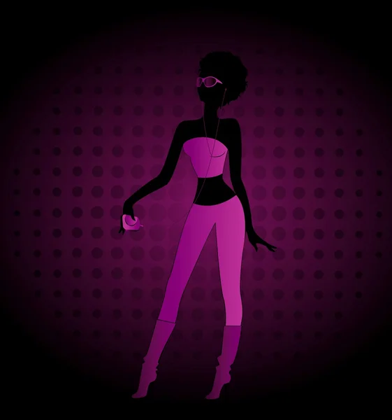 Silhouette de filles fille écoute de la musique sur un fond disco — Image vectorielle