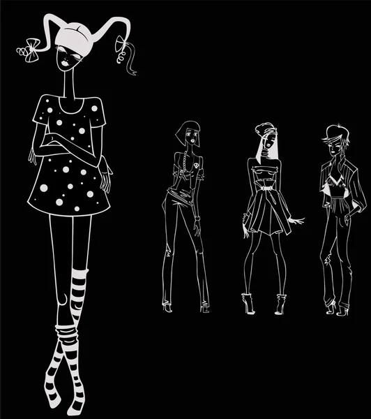 Ensemble de silhouettes de jeunes belles filles sur un fond — Image vectorielle