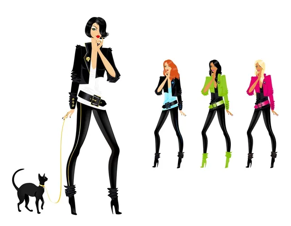 Set von schönen modischen Glamour-Girls mit einer Katze — Stockvektor