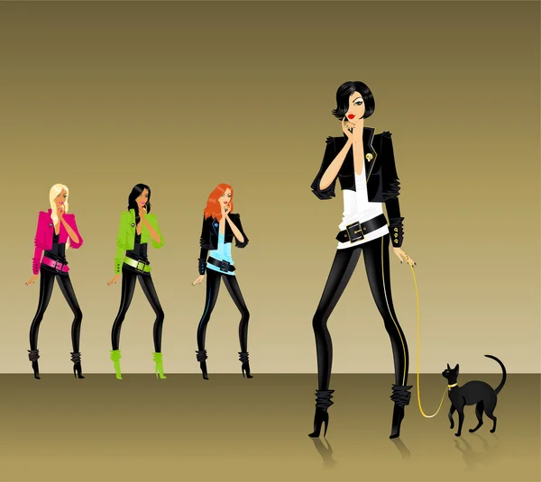 Set de fete frumoase la modă glamour cu o pisică — Vector de stoc
