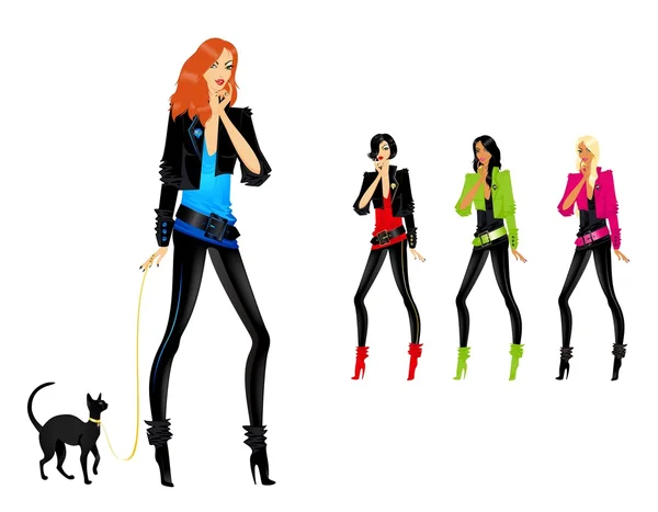 Set of beautiful fashionable glamour girls with a cat — Stock Vector