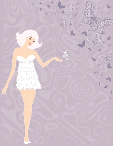 Beautiful pin-up girl in retro style with butterfly — Stock Vector