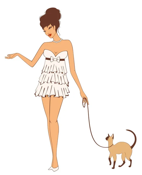 Krásná pin-up girl s kočkou v retro stylu. vektorové ilustrace — Stockový vektor