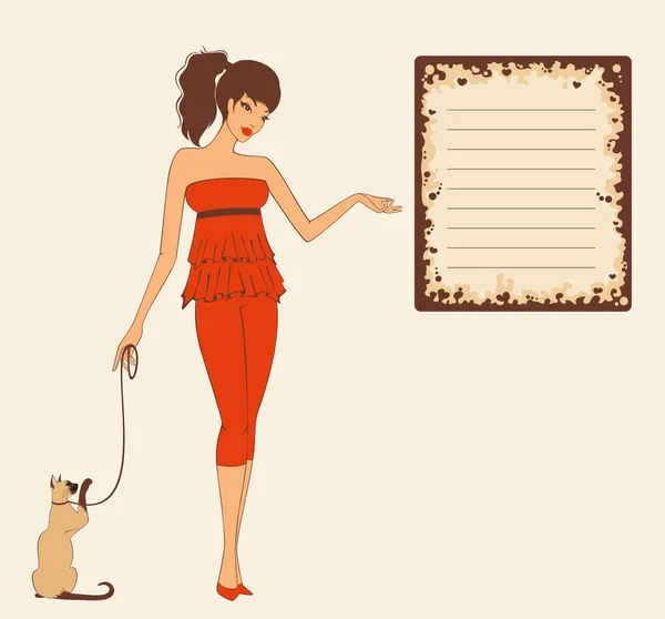 Beautiful pin-up girl with cat in retro style. — Stock Vector