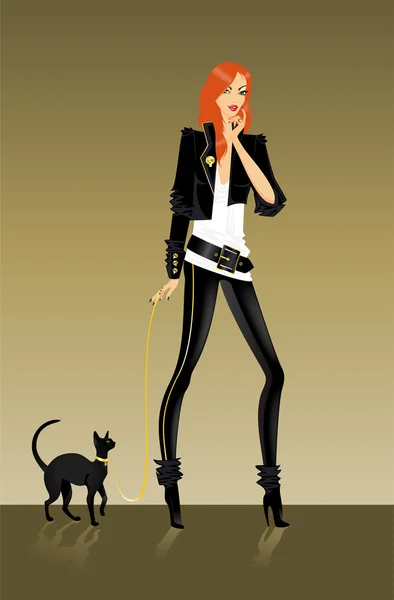 Jogo de belas meninas de glamour na moda com um gato — Vetor de Stock