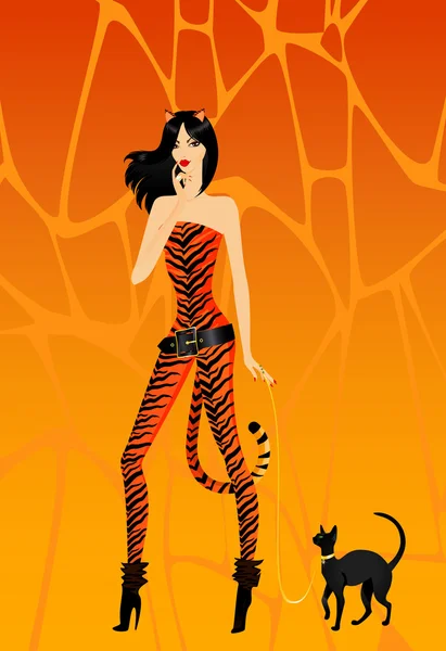 Krásná dívka v obleku tygřice s lady kočka na vodítku — Stockový vektor