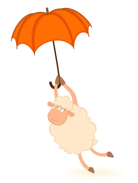 Illustration of cartoon sheep flies on a red umbrella — Stock Vector