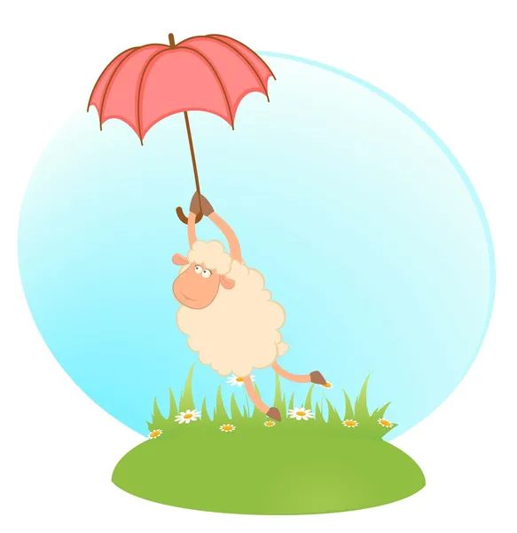 Illustration of cartoon sheep flies on a red umbrella — Stock Vector