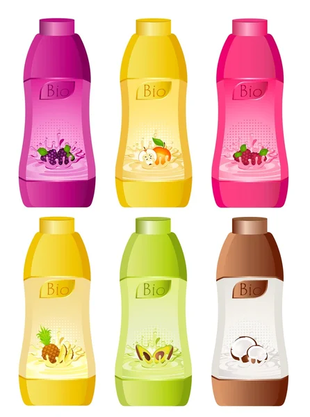 Designsatz von Flaschenmilchprodukten mit Früchten - Vektorillustration — Stockvektor