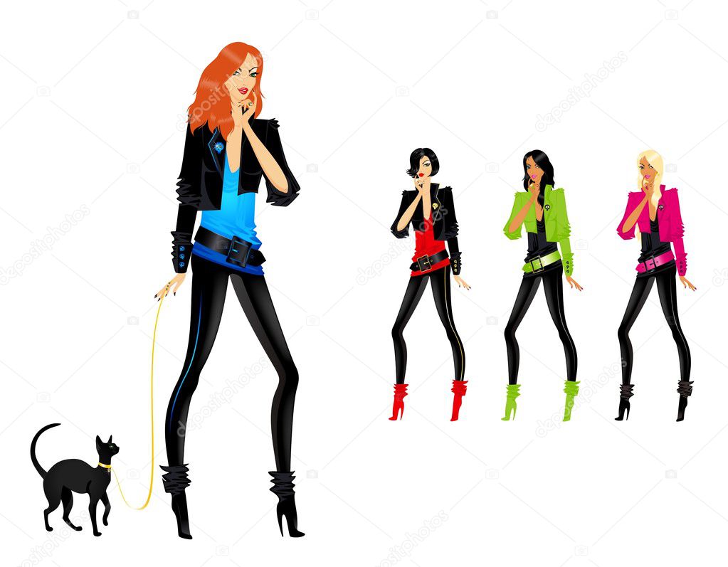 Set of beautiful fashionable glamour girls with a cat