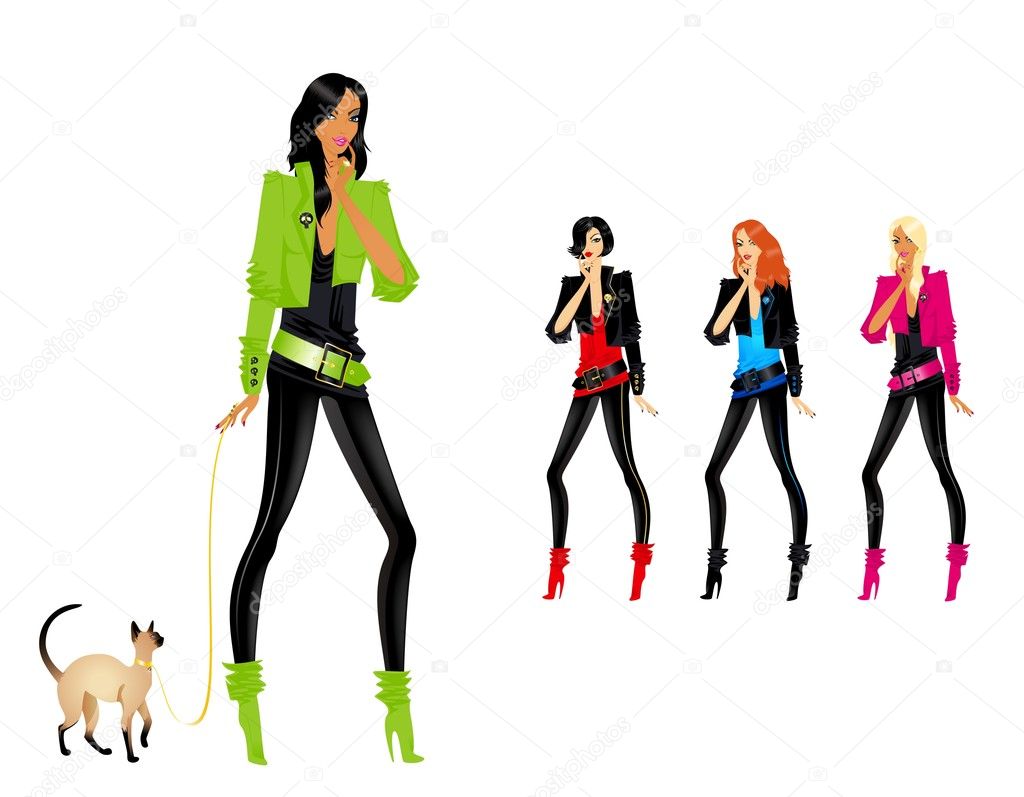 Set of beautiful fashionable glamour girls with a cat