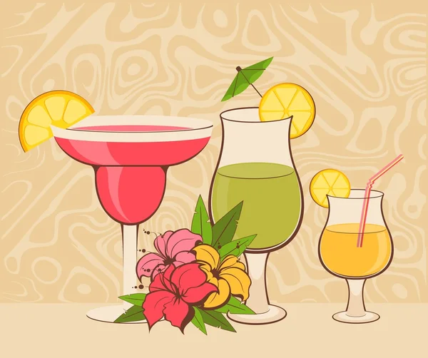 Grunge bakgrund med tropiska blommor och cocktail — Stock vektor
