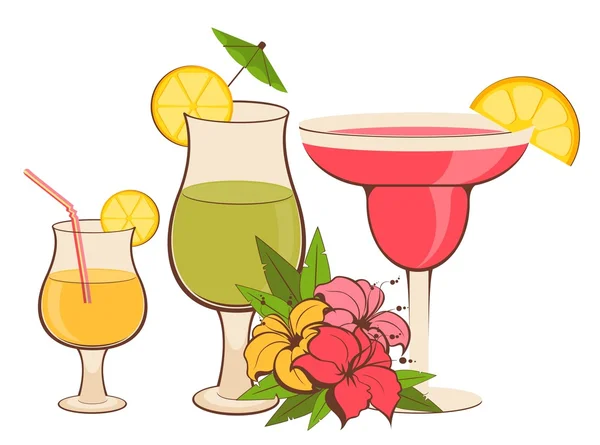 Fleurs tropicales et cocktail sur fond blanc — Image vectorielle