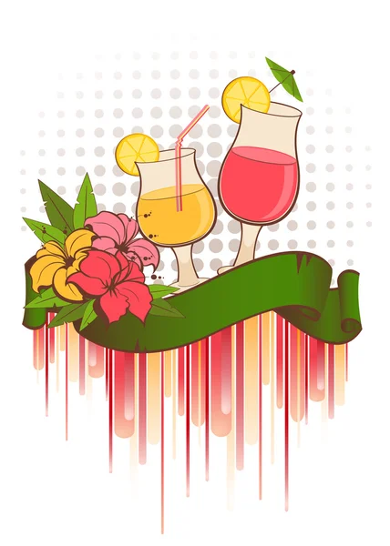Grunge background with tropical flowers and cocktail — Stock Vector