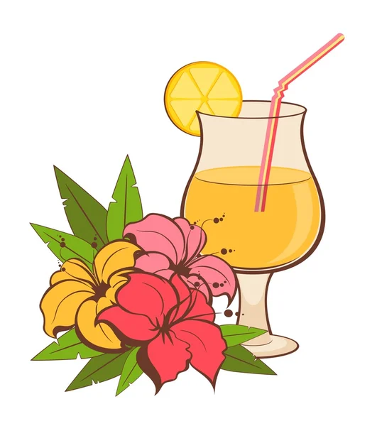 Fleurs tropicales et cocktail sur fond blanc — Image vectorielle