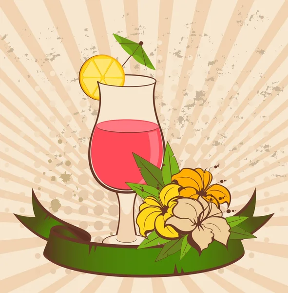 Grunge achtergrond met tropische bloemen en cocktail — Stockvector