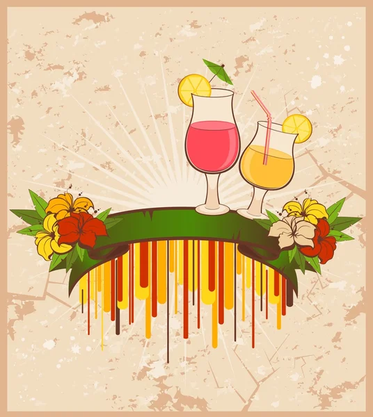 Гранж фон с тропическими цветами и коктейлем — стоковый вектор