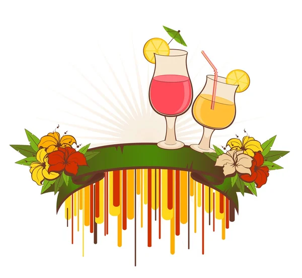 Grunge-Hintergrund mit tropischen Blumen und Cocktail — Stockvektor