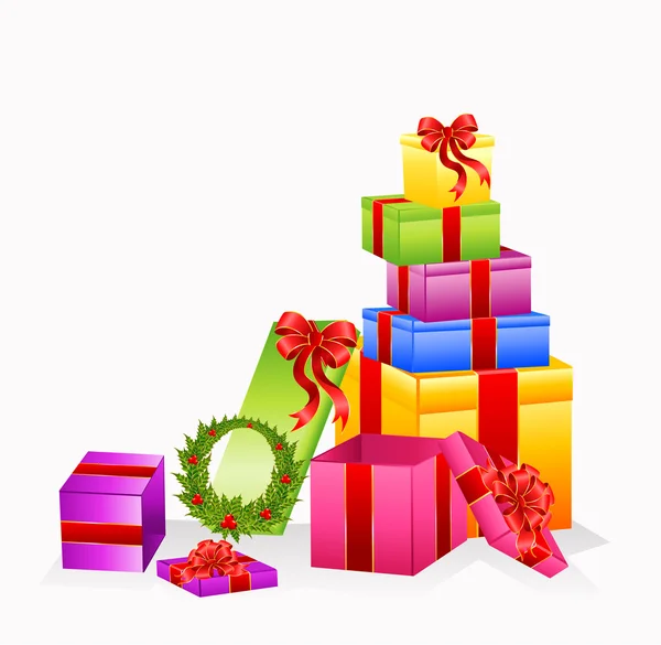 Set di bellissimi regali con fiocco su sfondo bianco per Natale — Vettoriale Stock