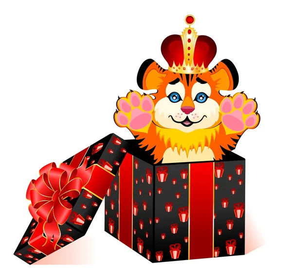 Sign 2010 years is a beautiful little tiger in a crown on a bright abstract — Stock Vector