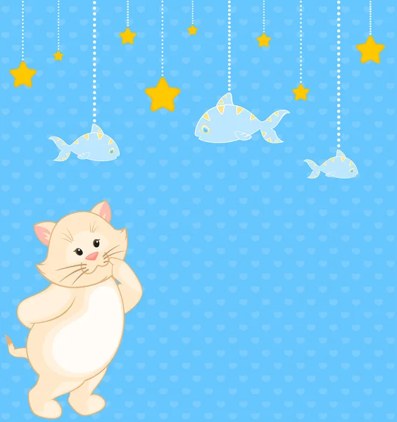 Dessin animé petit chaton avec des poissons — Image vectorielle