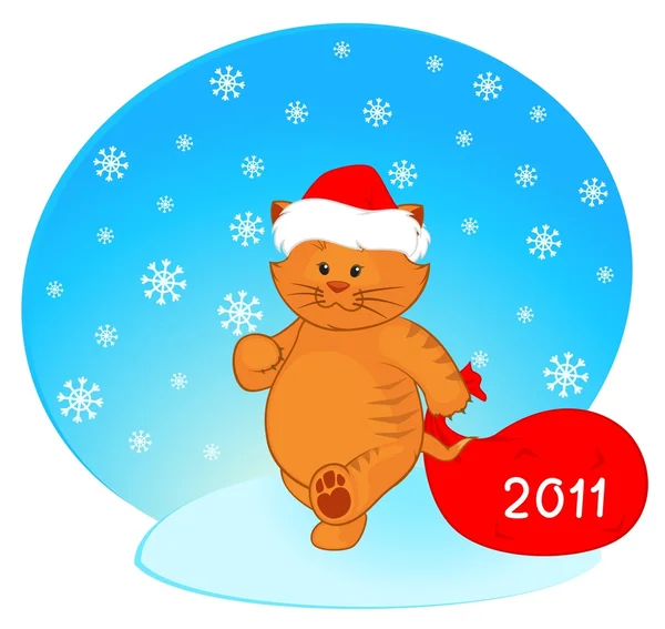 Gattino dei cartoni animati nella tuta di Babbo Natale con regalo — Vettoriale Stock