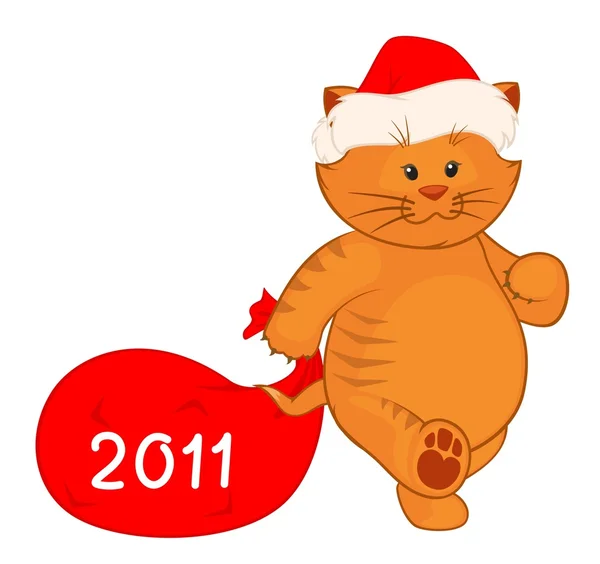 Pequeño gatito de dibujos animados en el traje de Santa Claus con regalo — Archivo Imágenes Vectoriales