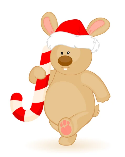 Noel Baba kostümlü hediye ile küçük oyuncak tavşan karikatür — Stok Vektör