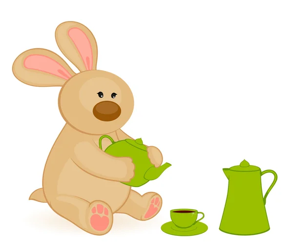 Cartoon little toy bunny with beautiful cups and tea-pot — Stock Vector