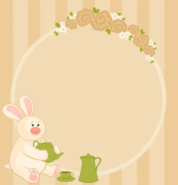 Мультфильм маленький игрушечный кролик с красивыми чашками и чайником — стоковый вектор