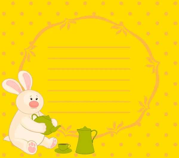 Güzel, bardaklar ve çay potu ile küçük oyuncak tavşan karikatür — Stok Vektör