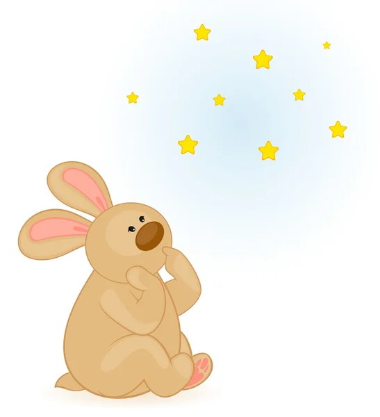 Vector cartoon little toy bunny dreams about stars — Stock Vector