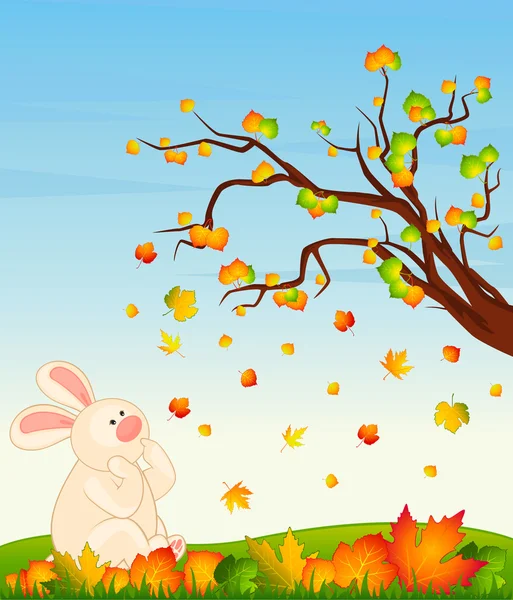 Cartoon little toy bunny with autumnal leaves — Stock Vector